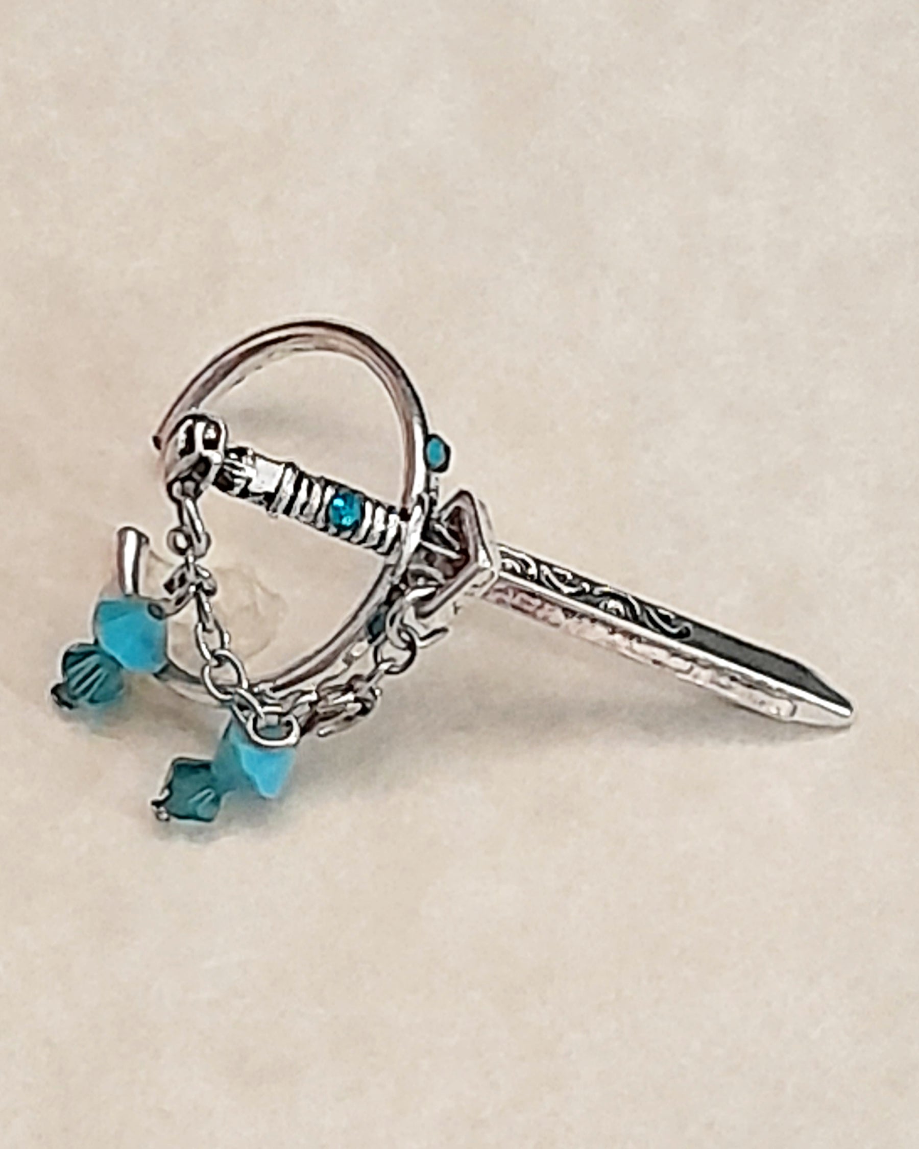 Adjustable Fantasy Sword Ring with Turquoise Crystals