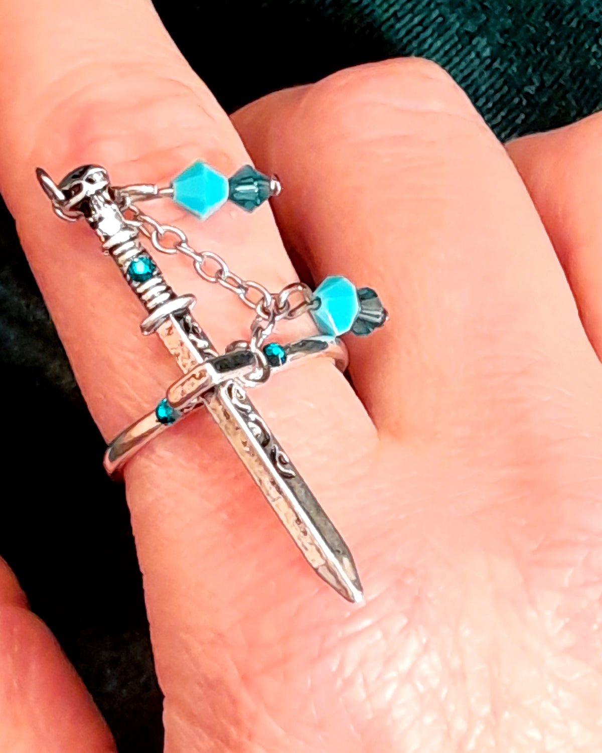 Adjustable Fantasy Sword Ring with Turquoise Crystals