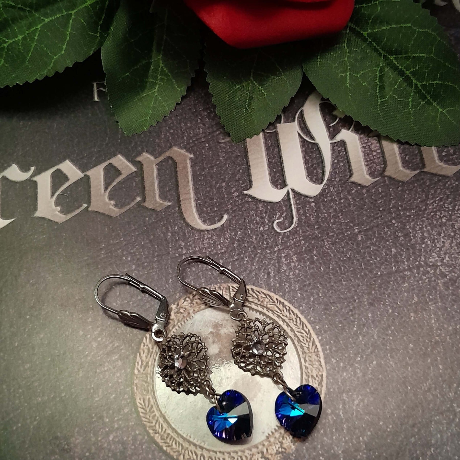 Blue Crystal Heart Earrings