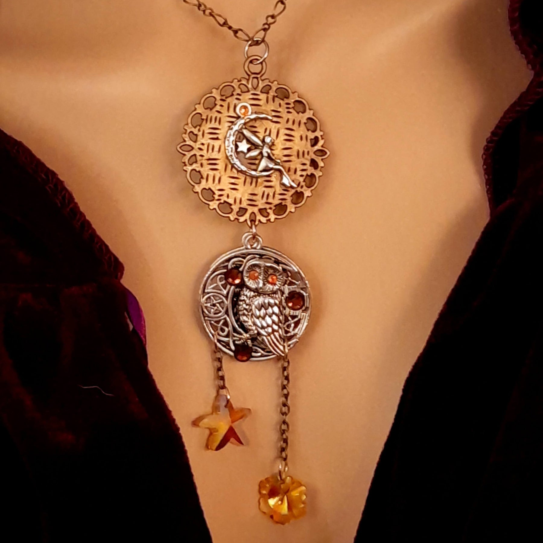 bohemian necklace moon and sunn cabochon owl and yellow crystal star and flower