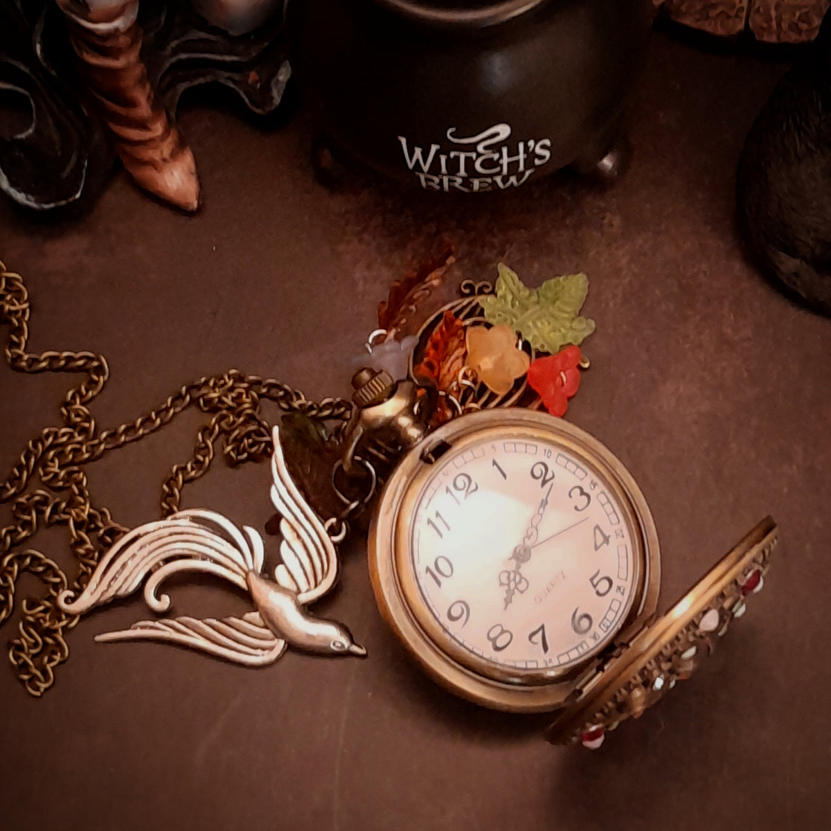 face of pocket watch swarovski crystals birds pocket watch necklace handmade magical nature