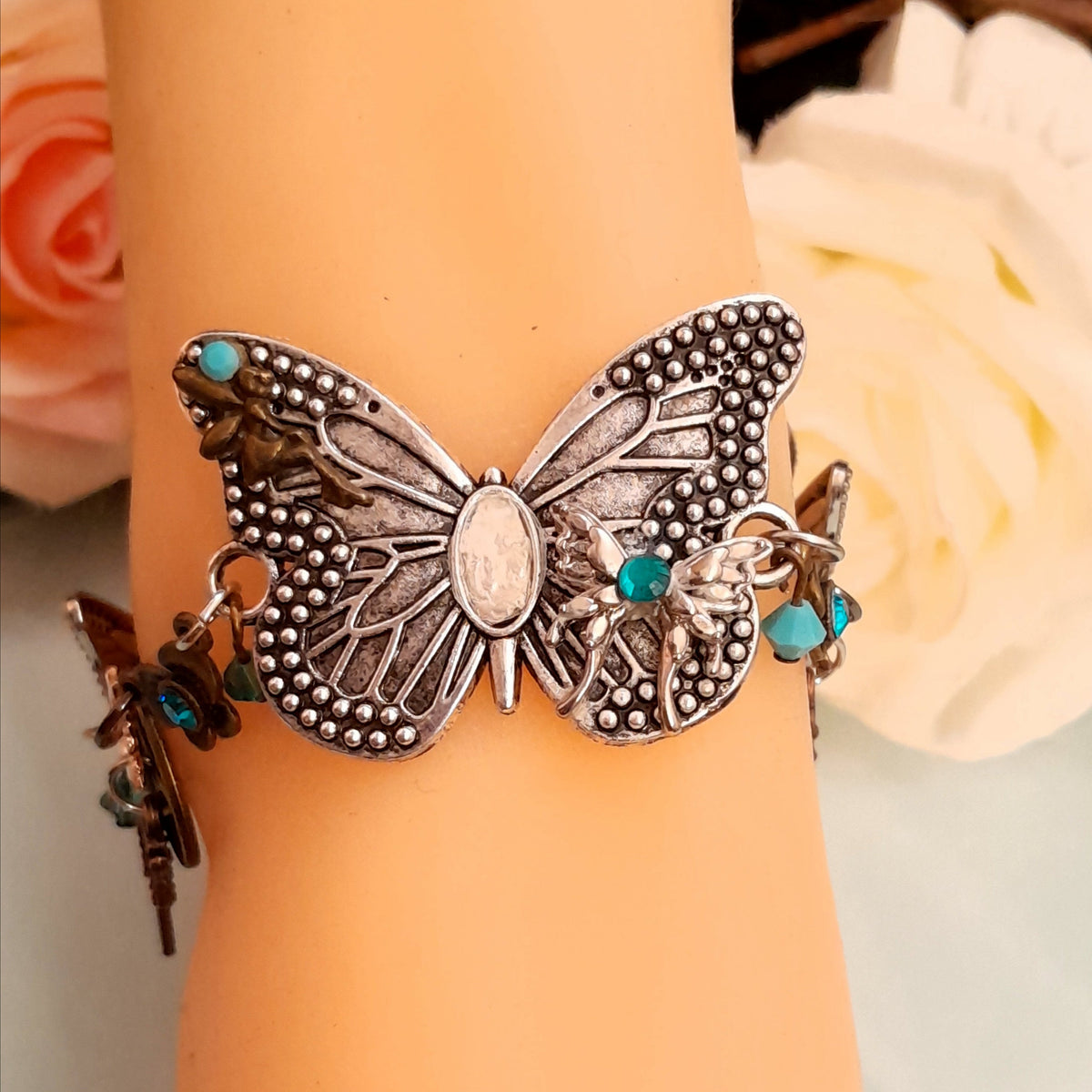 Handmade magical fantasy butterfly anklet with genuine Austrian crystals in turquoise aqua, Victorian style vintage style, fairycore secret garden jewelry