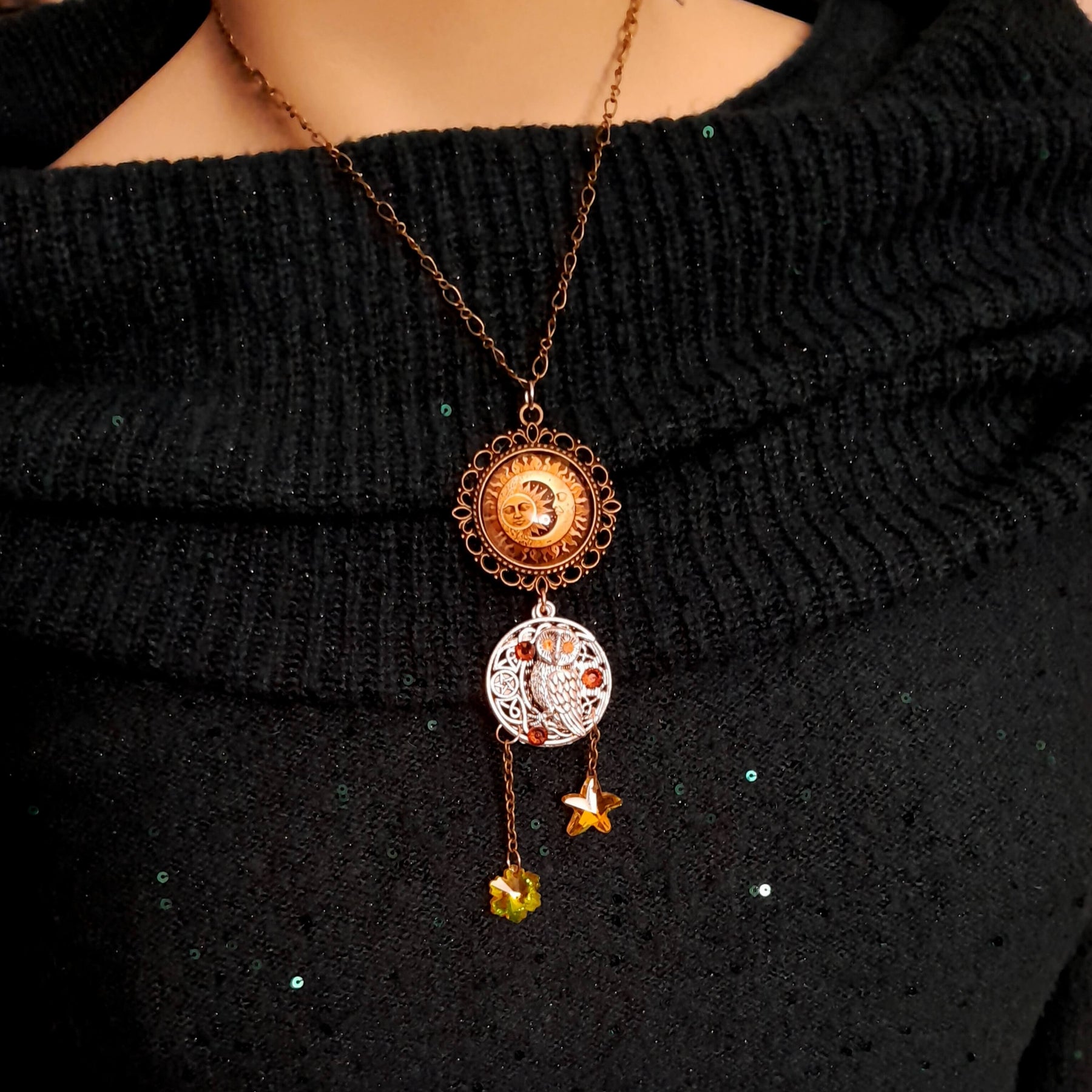 bohemian necklace moon and sunn cabochon owl and yellow crystal star and flower