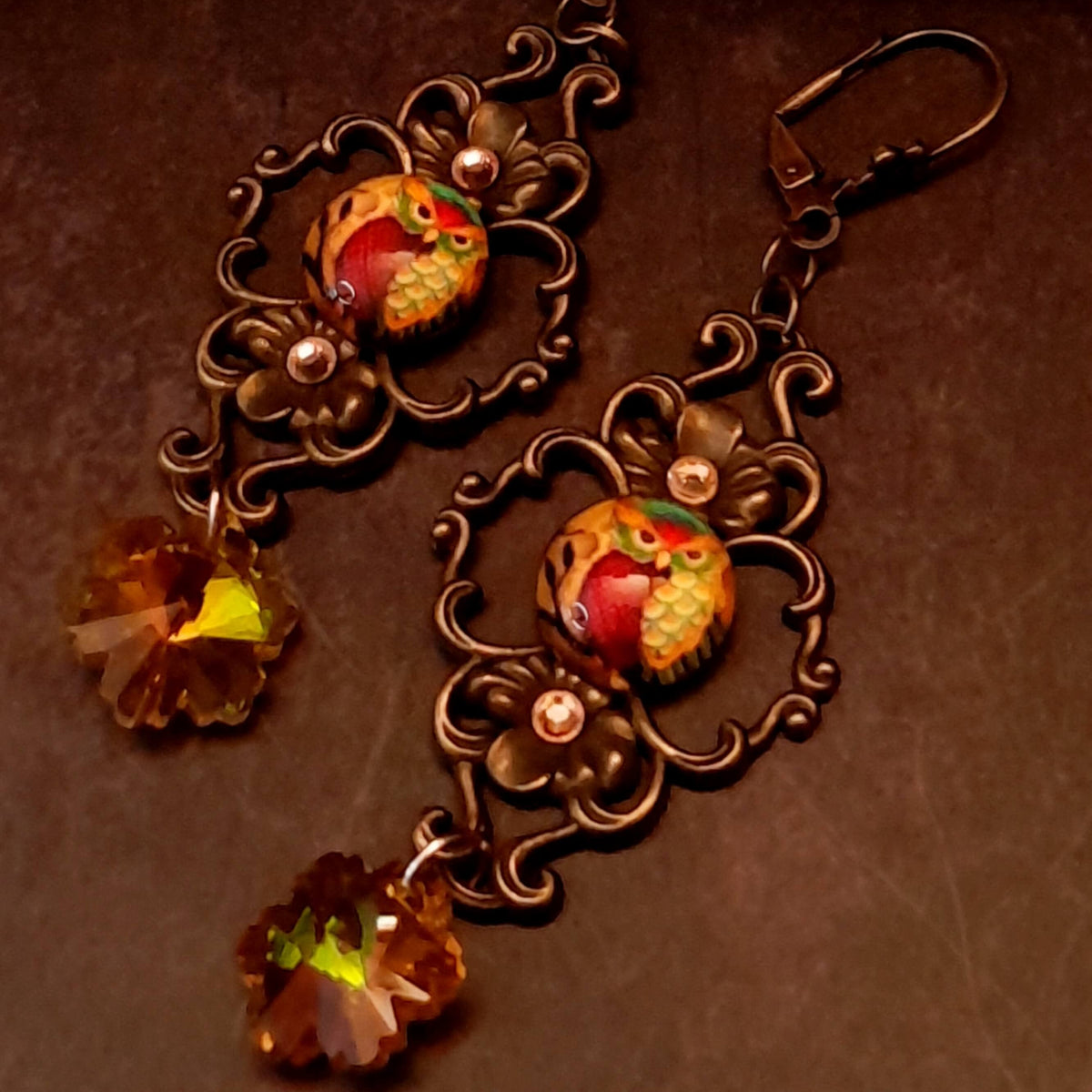 victorian vintage style dangle drop earrings with owl cabochons and yellow flower crystals