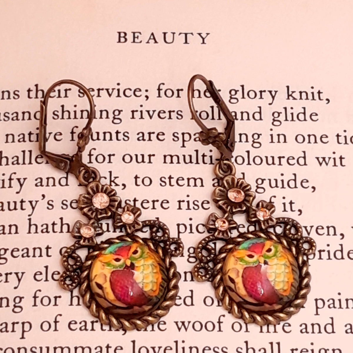 small earrings victorian vintage style with owl cabochins and swarovski crystals