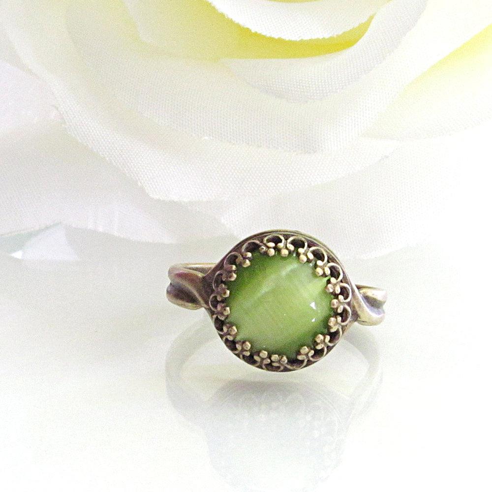 Victorian Style Ring - Green Cats Eye Stone Jewelry