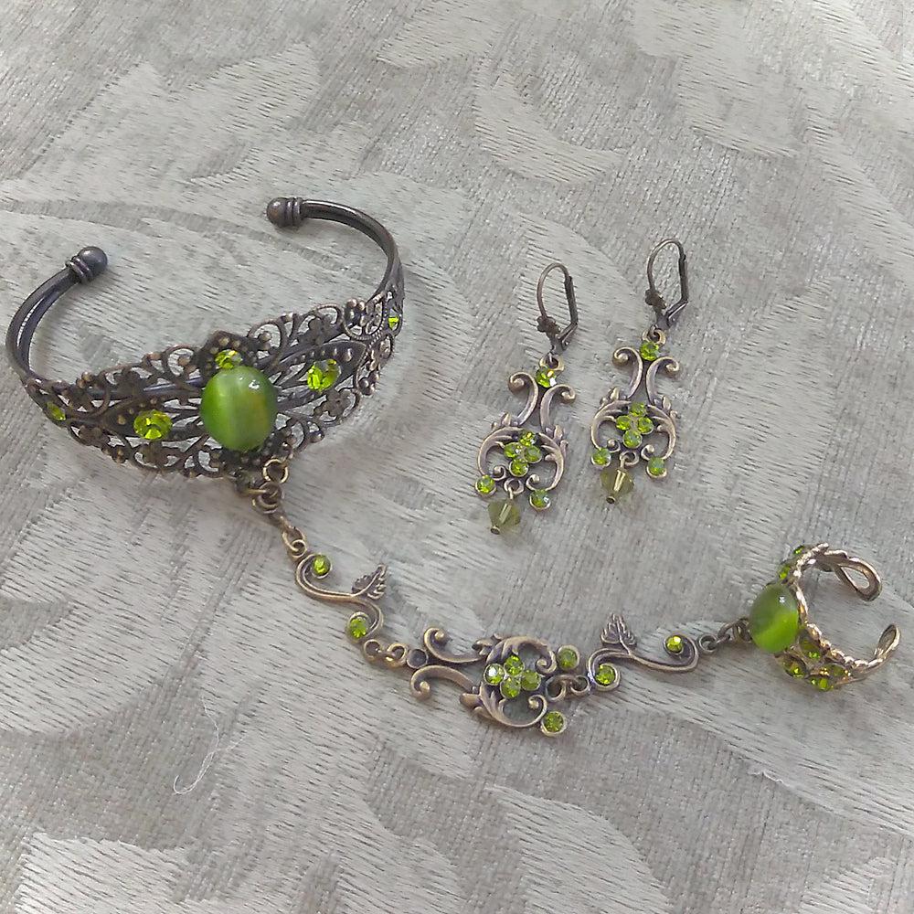 Green Jewelry Set - Ring Bracelet Earrings