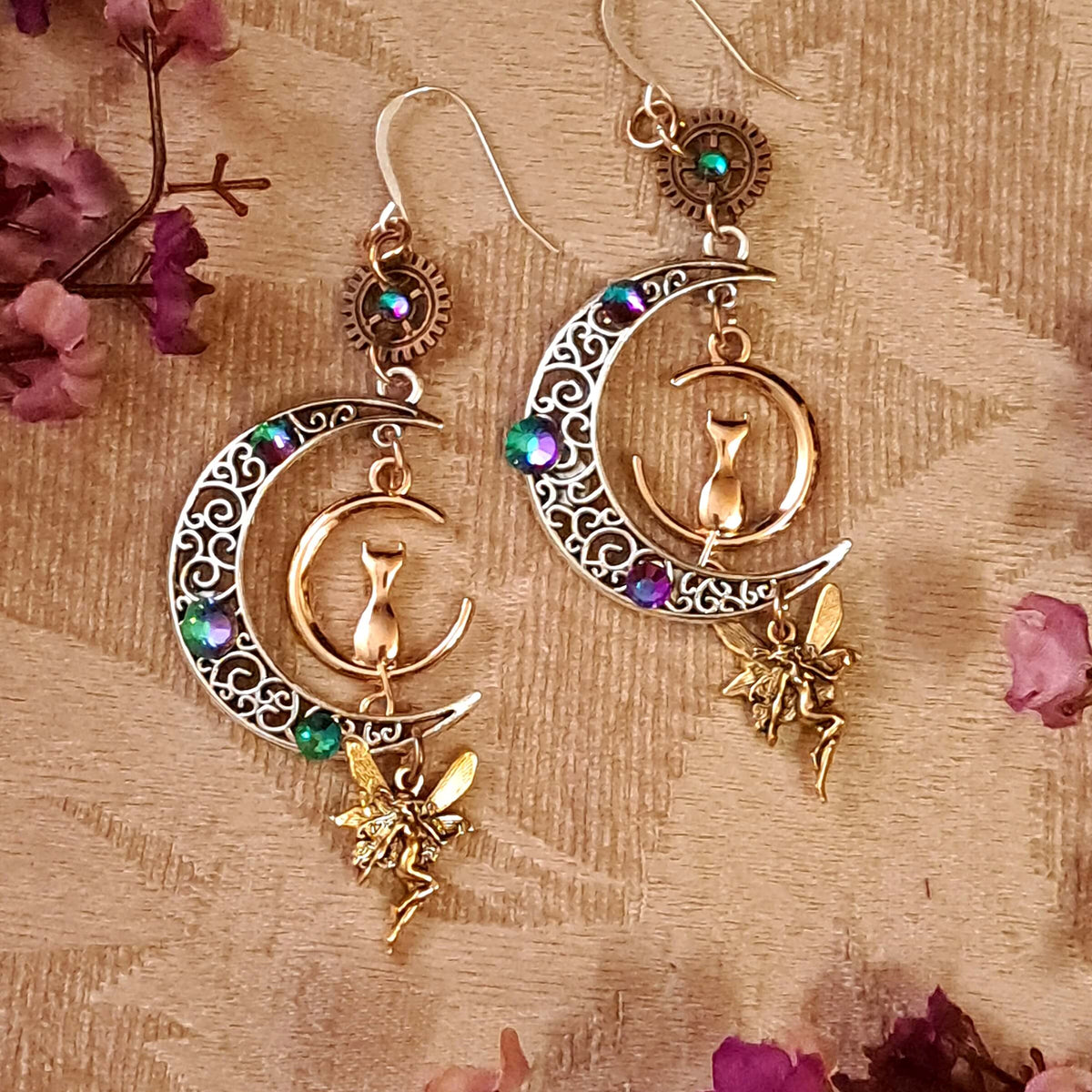 Cat Moon Chandelier Earrings