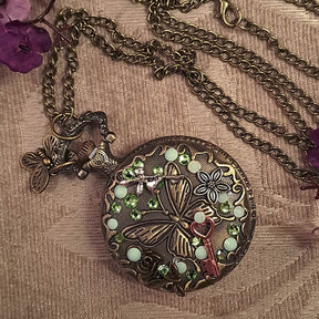 Green Crystal Butterfly Pocket Watch Necklace