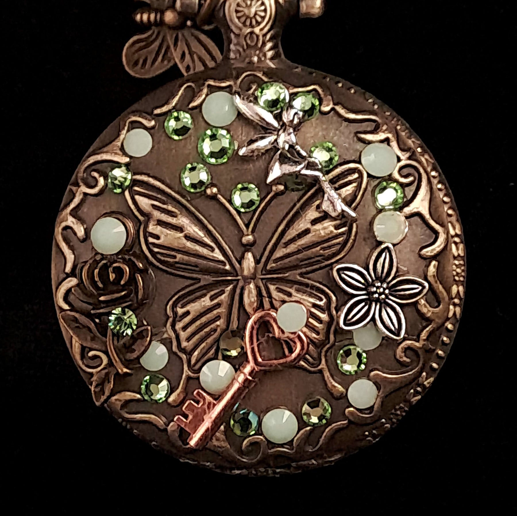 Green Crystal Butterfly Pocket Watch Necklace