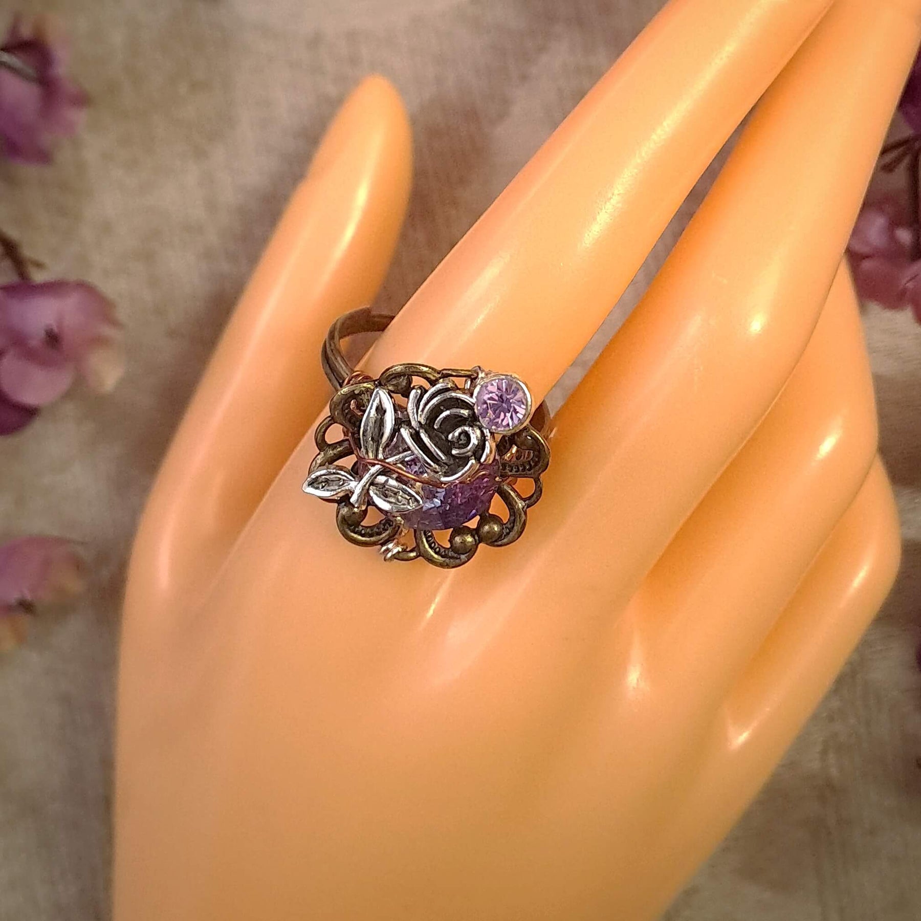 Purple Crystal Rose Adjustable Ring