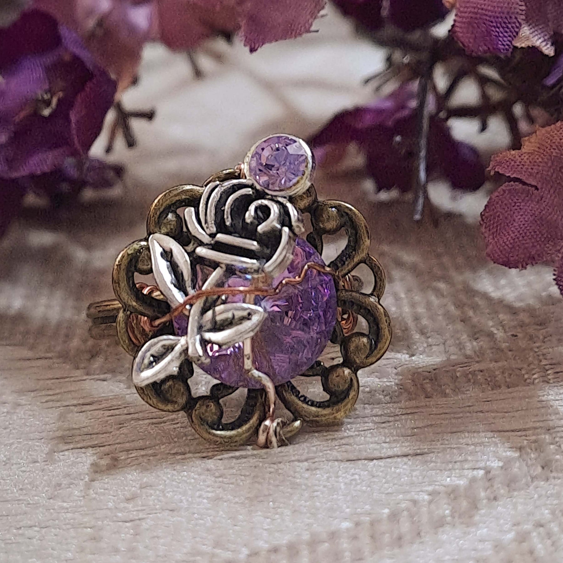 Purple Crystal Rose Adjustable Ring