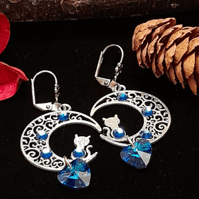 Blue Cat Moon Heart Earrings