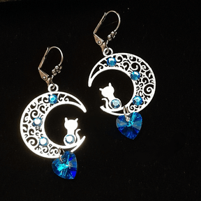 Blue Cat Moon Heart Earrings