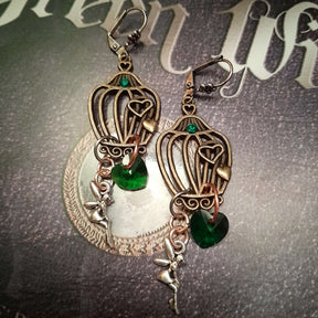 Green Crystal Heart Earrings |Birdcage Fairy