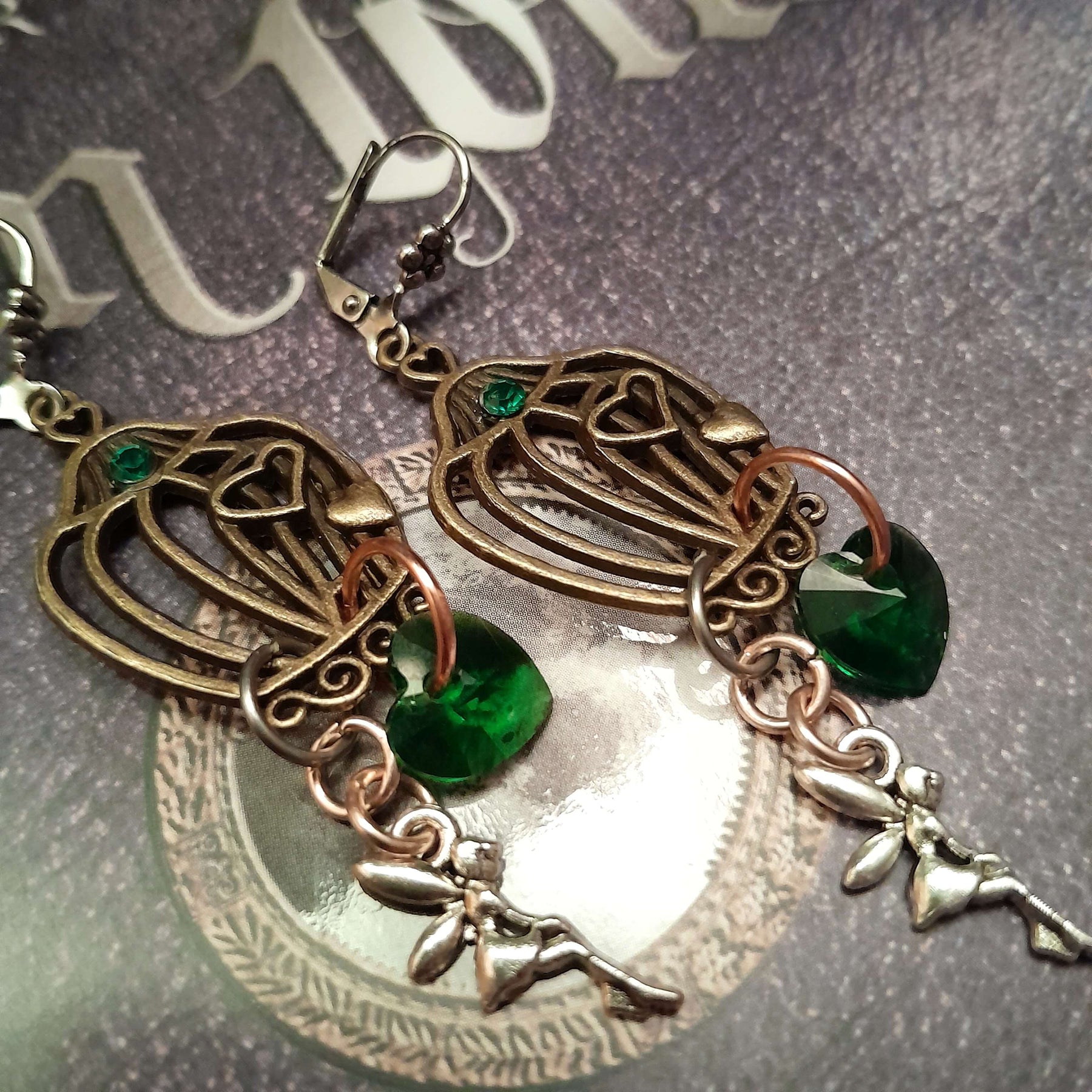Green Crystal Heart Earrings |Birdcage Fairy