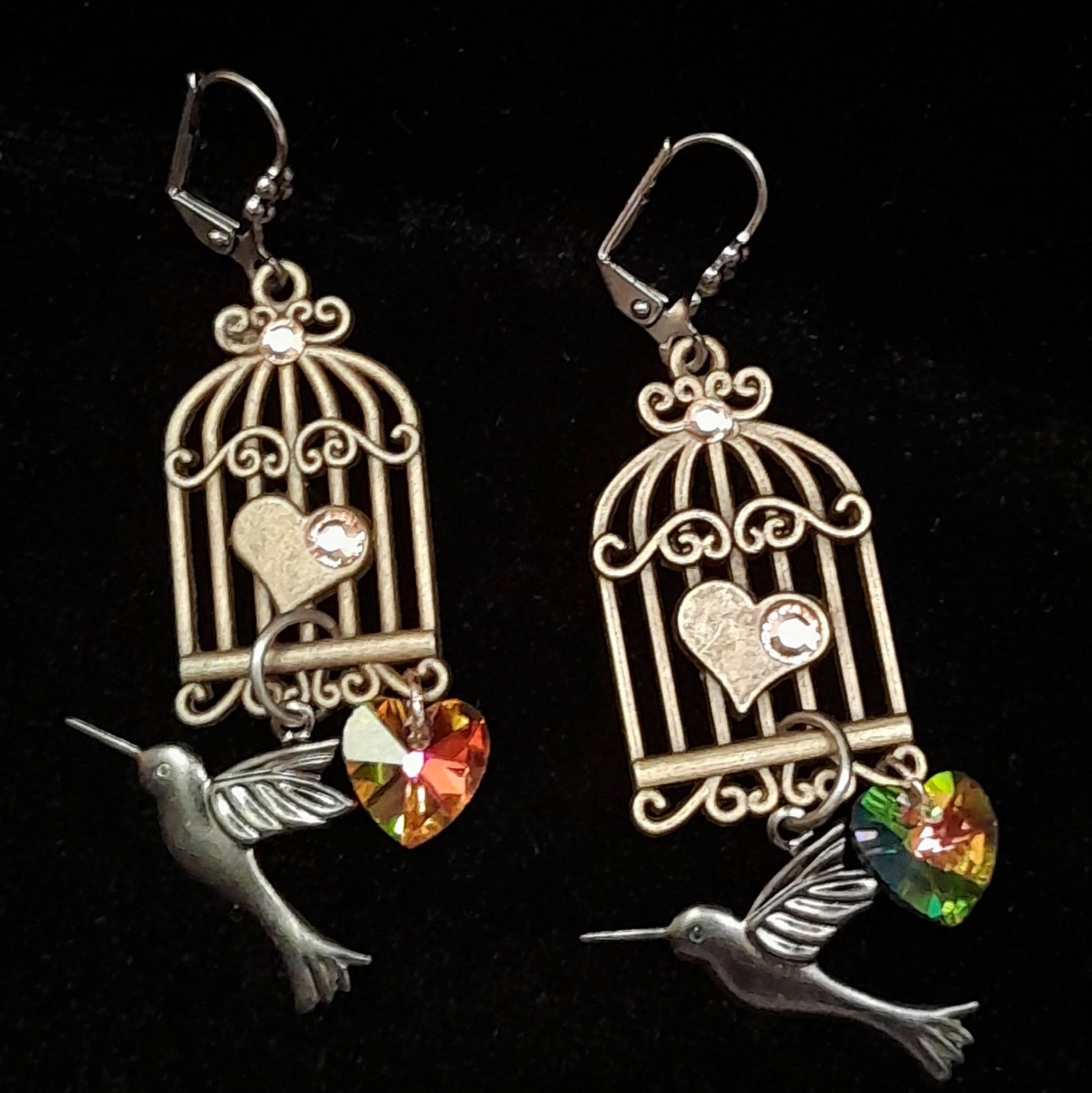 Dangle Earrings Birdcage |Hummingbird Hearts