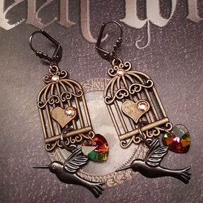 Dangle Earrings Birdcage |Hummingbird Hearts