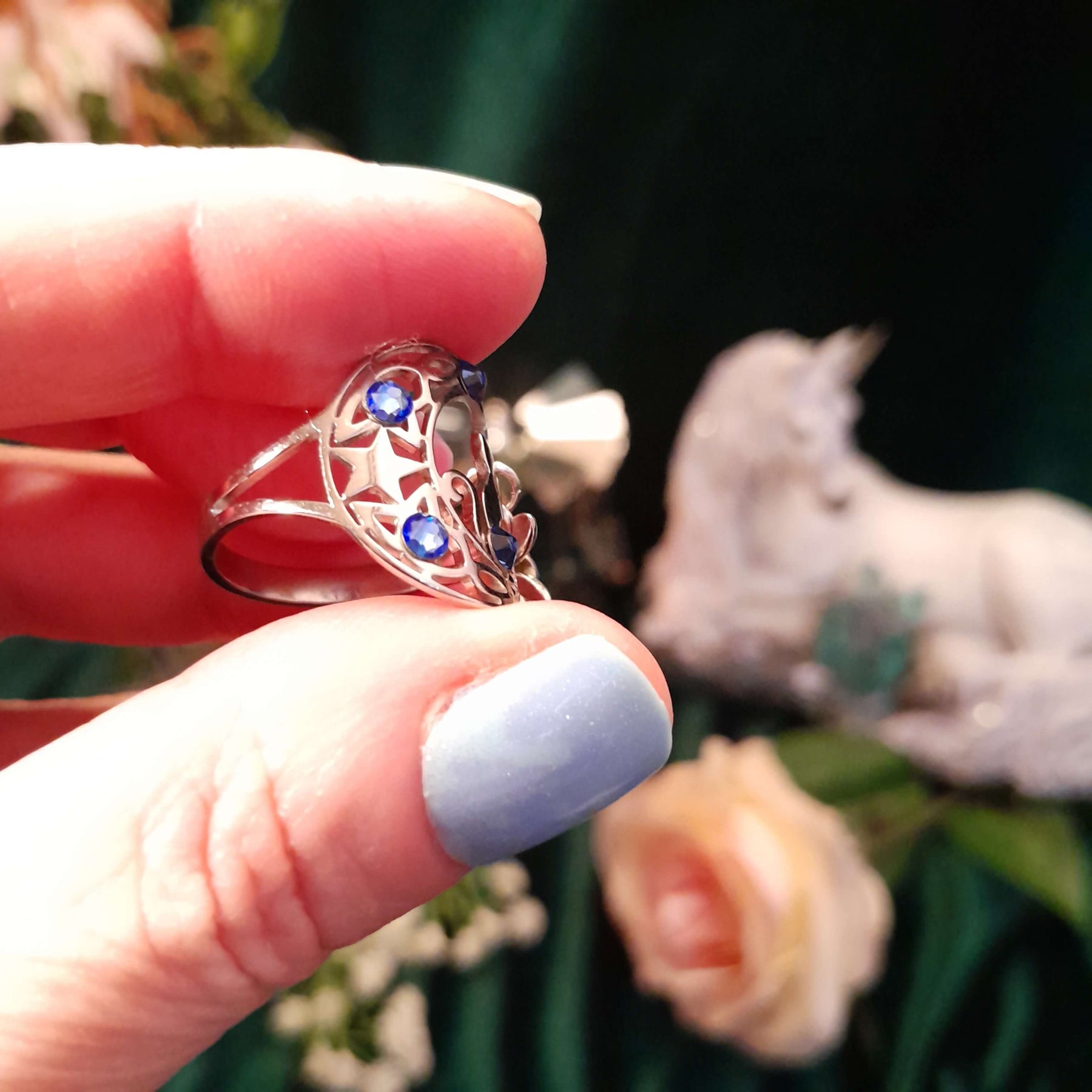 Cat Moon Fairy Blue Crystal Ring Size 9