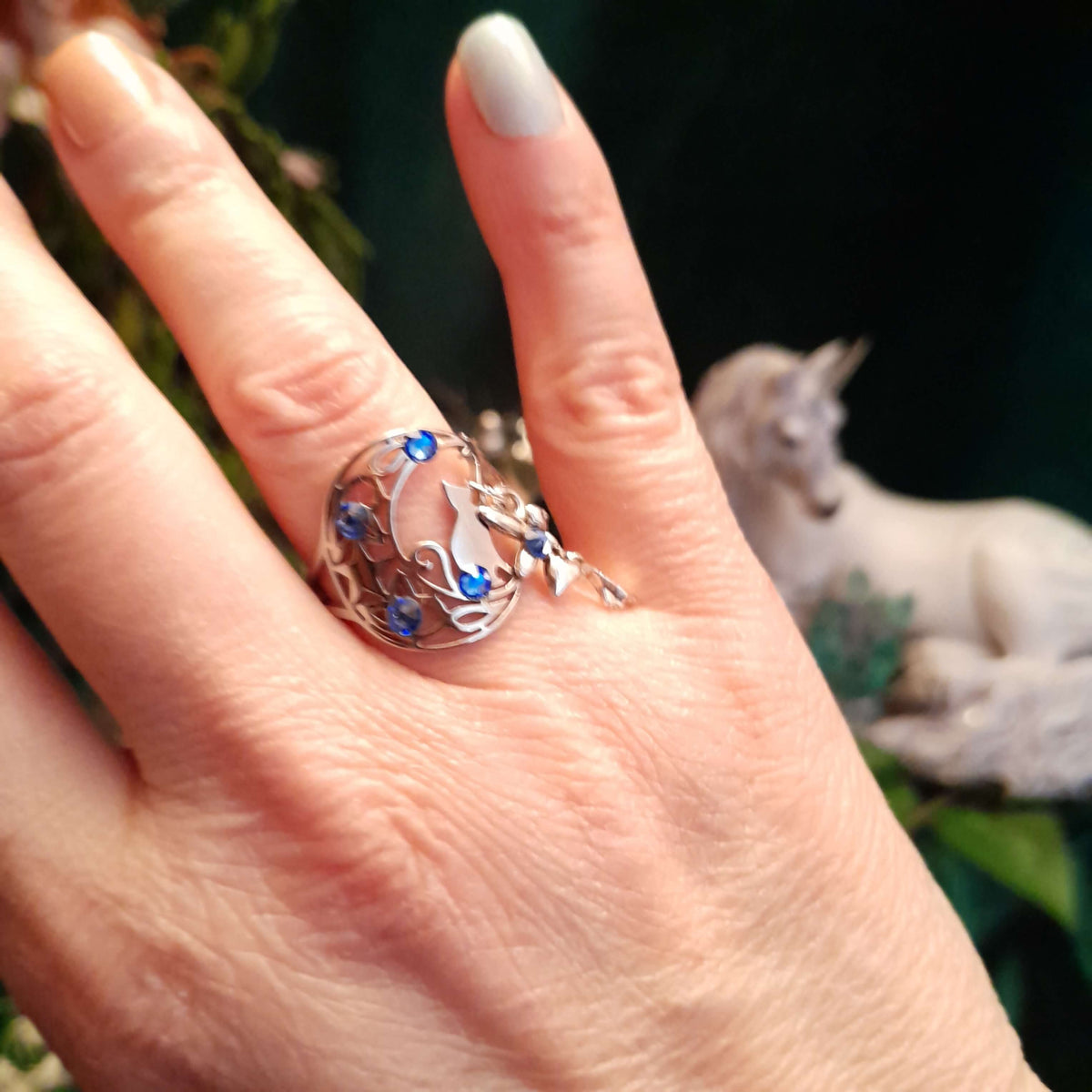 Cat Moon Fairy Blue Crystal Ring Size 9