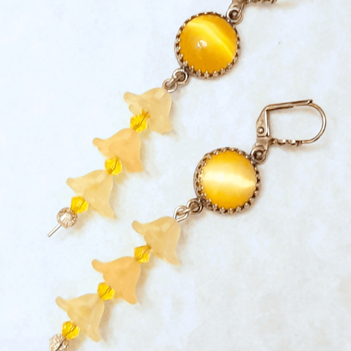 Yellow Cat's Eye Flower Dangle Earrings