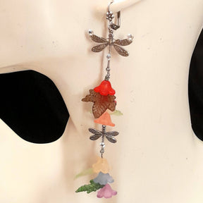 Extra Long Dangle Dragonfly Flower Earrings