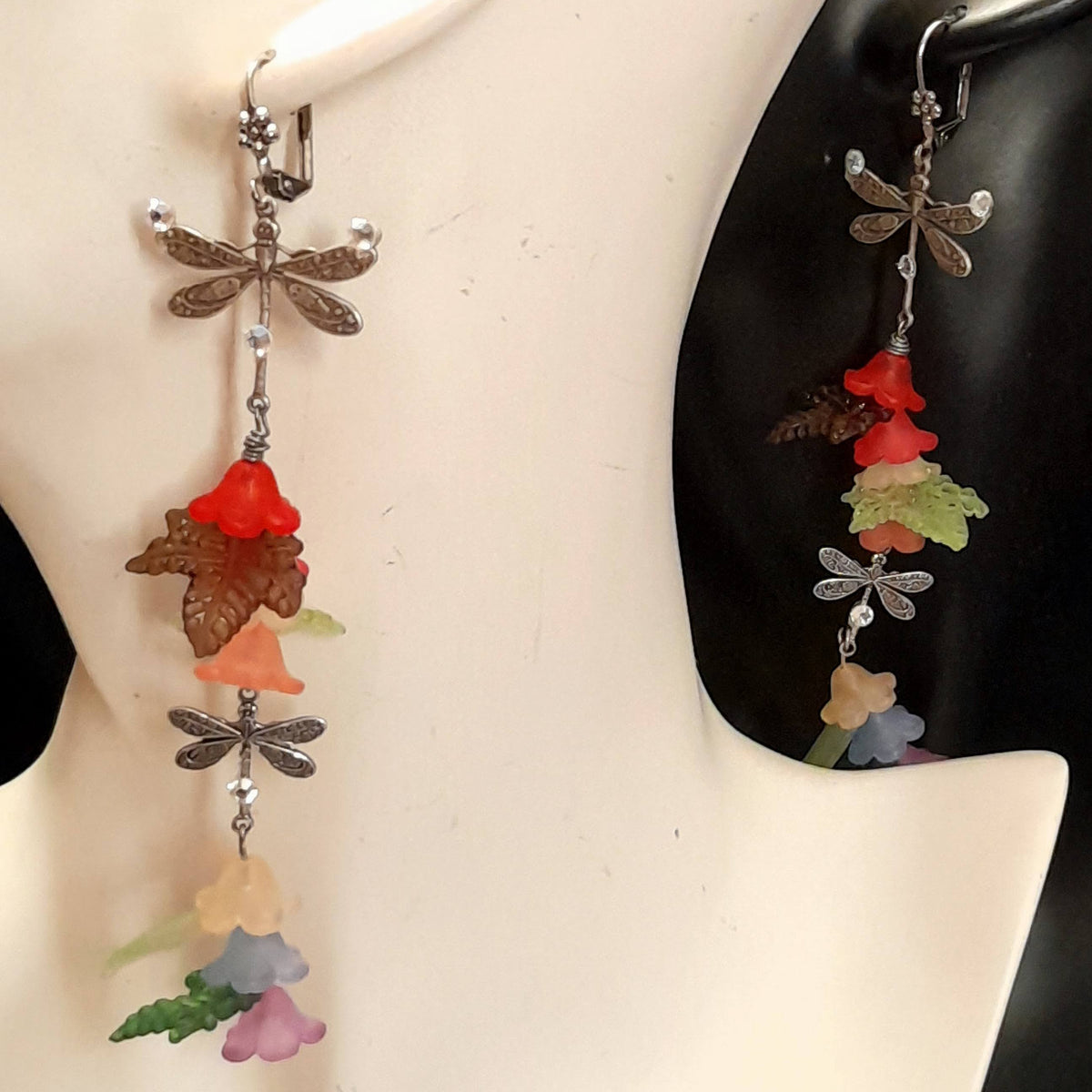 Extra Long Dangle Dragonfly Flower Earrings