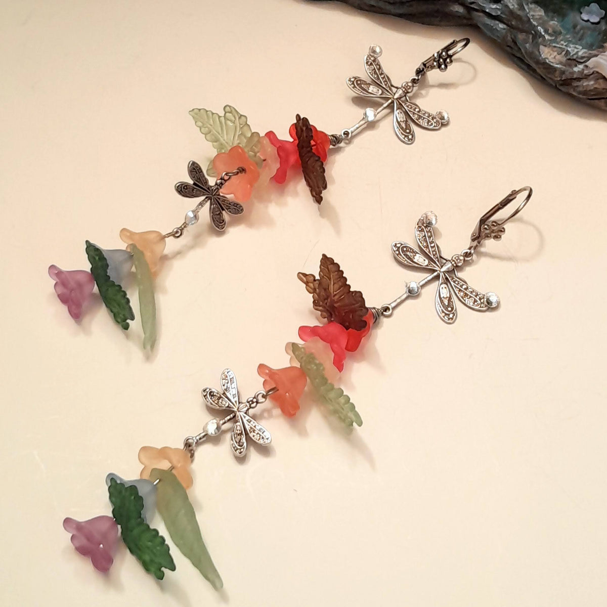 Extra Long Dangle Dragonfly Flower Earrings
