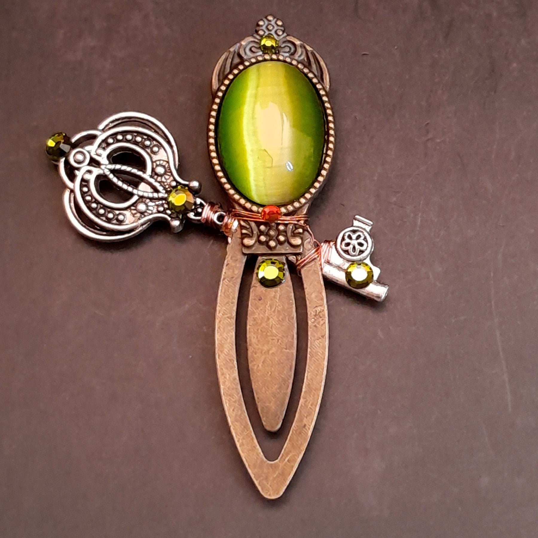 swarovski green crystals bookmark cats eye stone unique