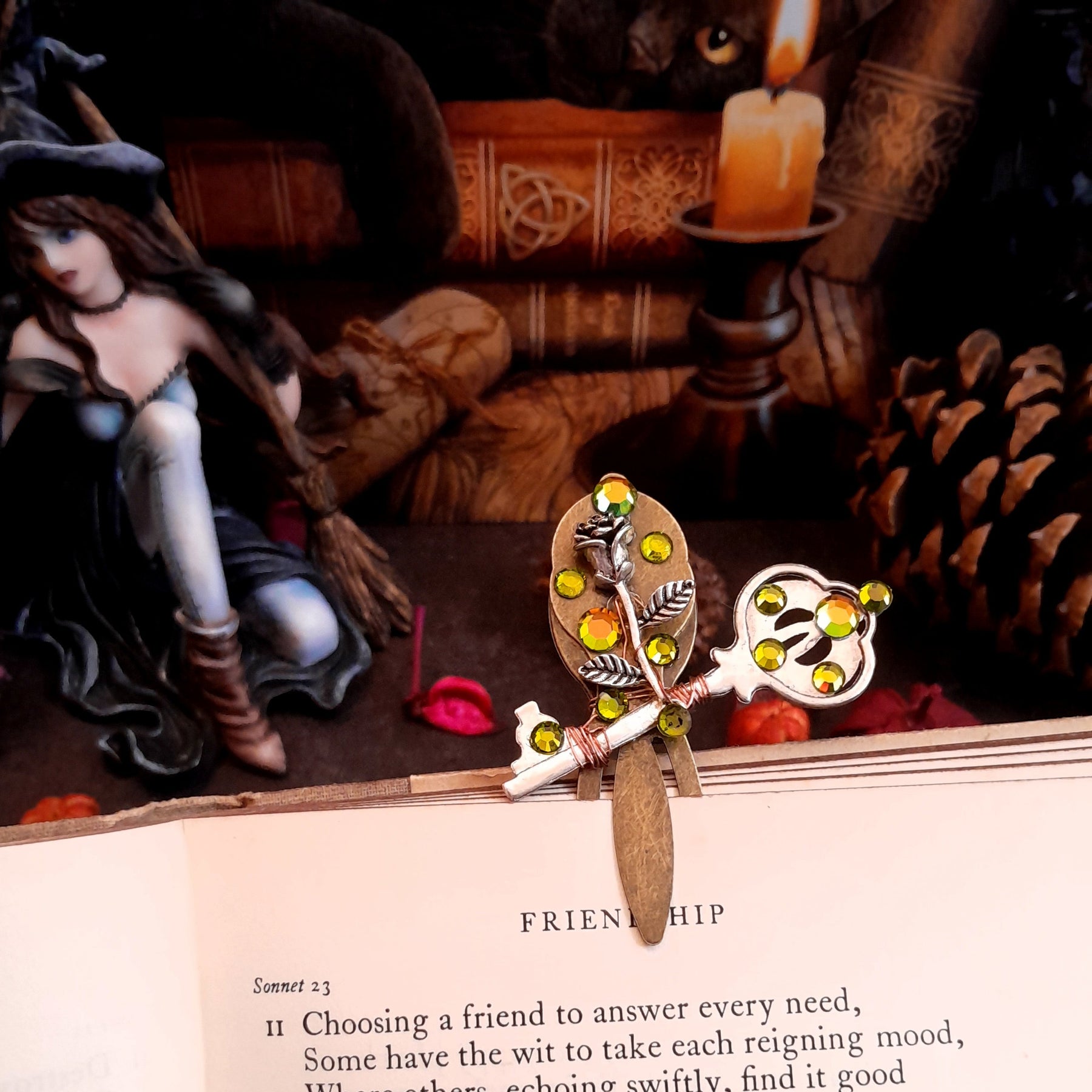 swarovski green crystals bookmark cats eye stone unique