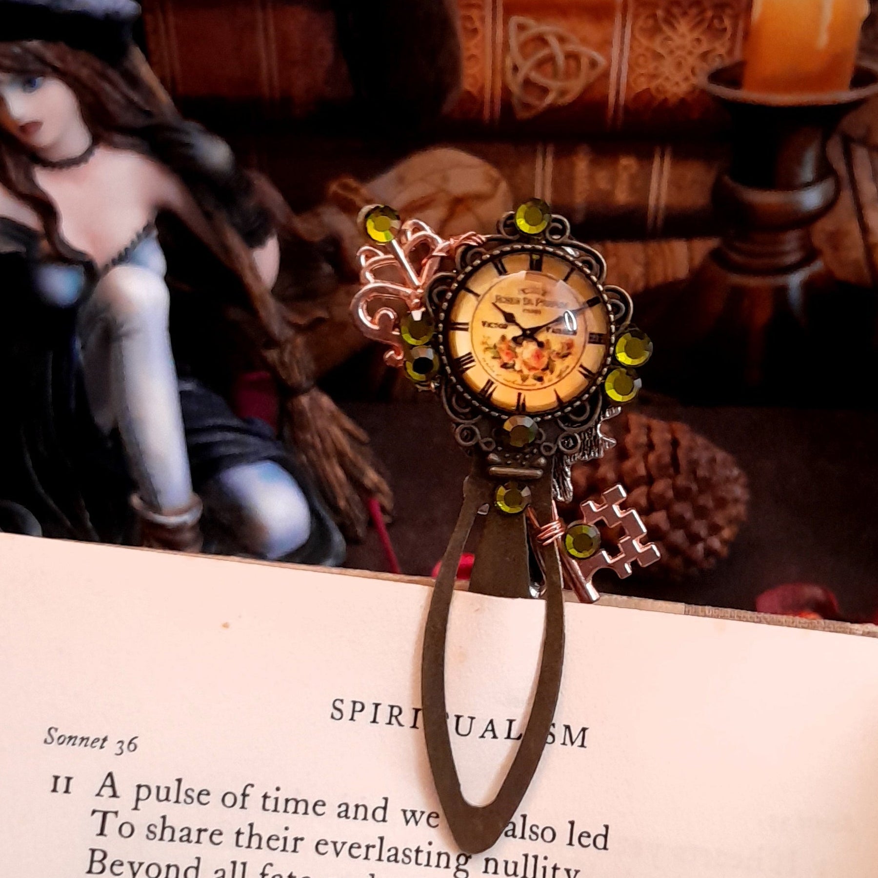 fantasy unique bookmark with clock cabocon key rose swarovski crystals