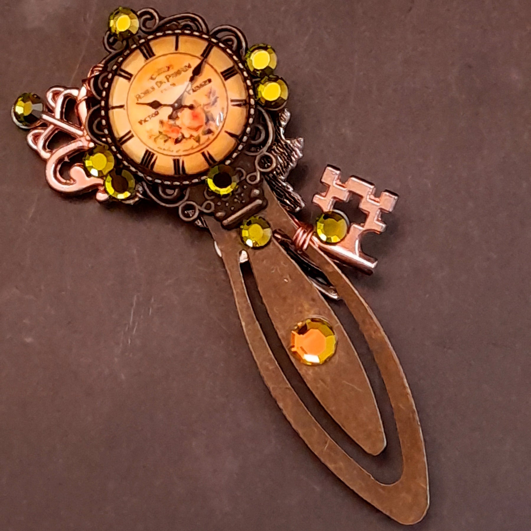 bookmark with clock cabhocon key rose swarovski crystals