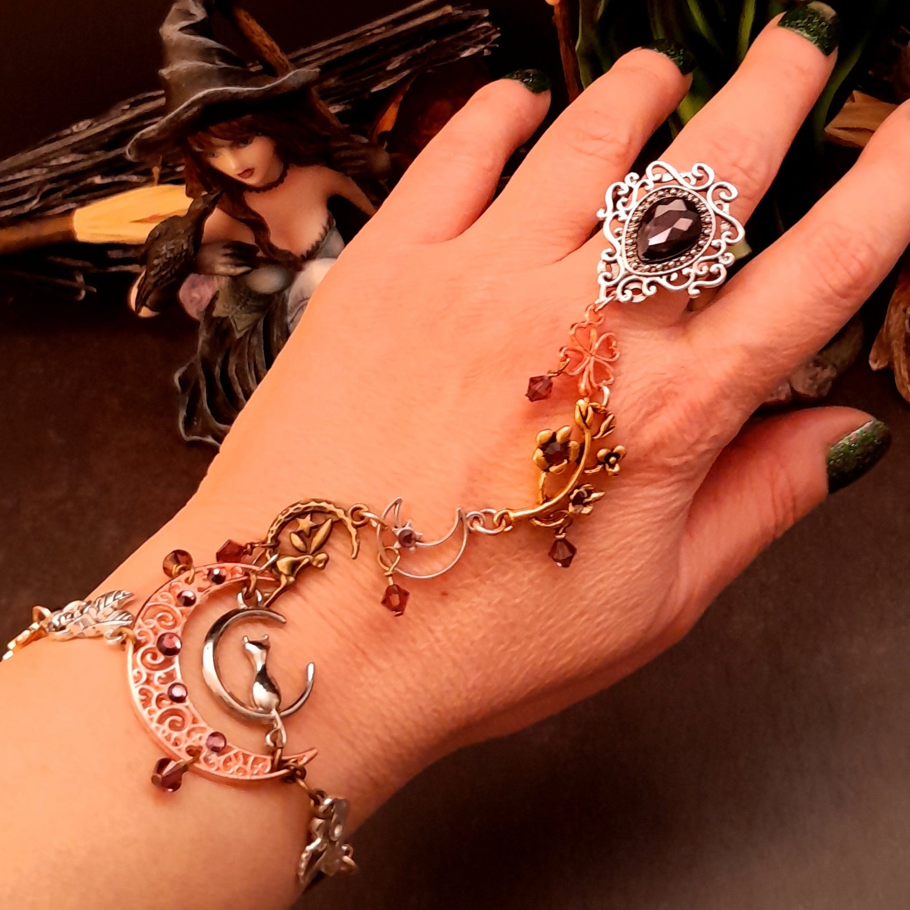 slave bracelet hand chain swarovski crystals purple crystals flowers moon cat