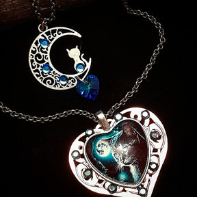 Blue Cat Moon Necklace |Double Layer Hearts