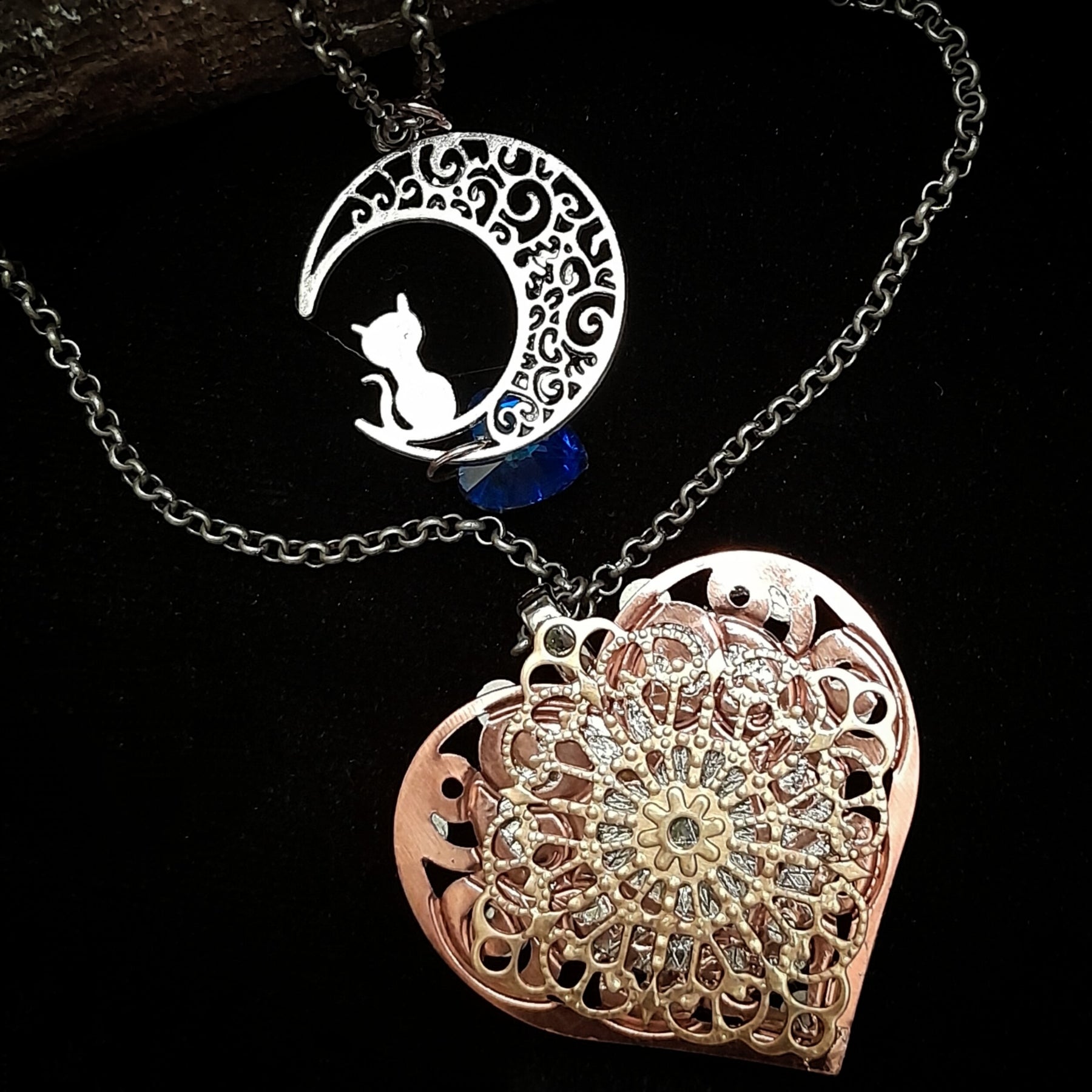 Blue Cat Moon Necklace |Double Layer Hearts
