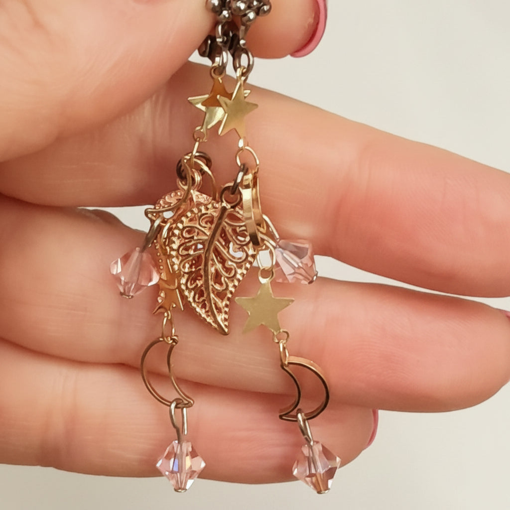 Vintage style AB Swarovski crystal wedding earrings — rose gold filigree leaf bridal earrings with celestial star and moon details, handmade designer, Victorian style