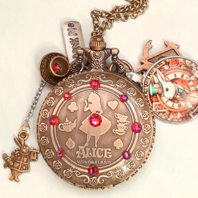 Alice in Wonderland pocket watch necklace with volcano Swarovski crystals antiqued brass Victorian style vintage style fantasy handmade jewelry
