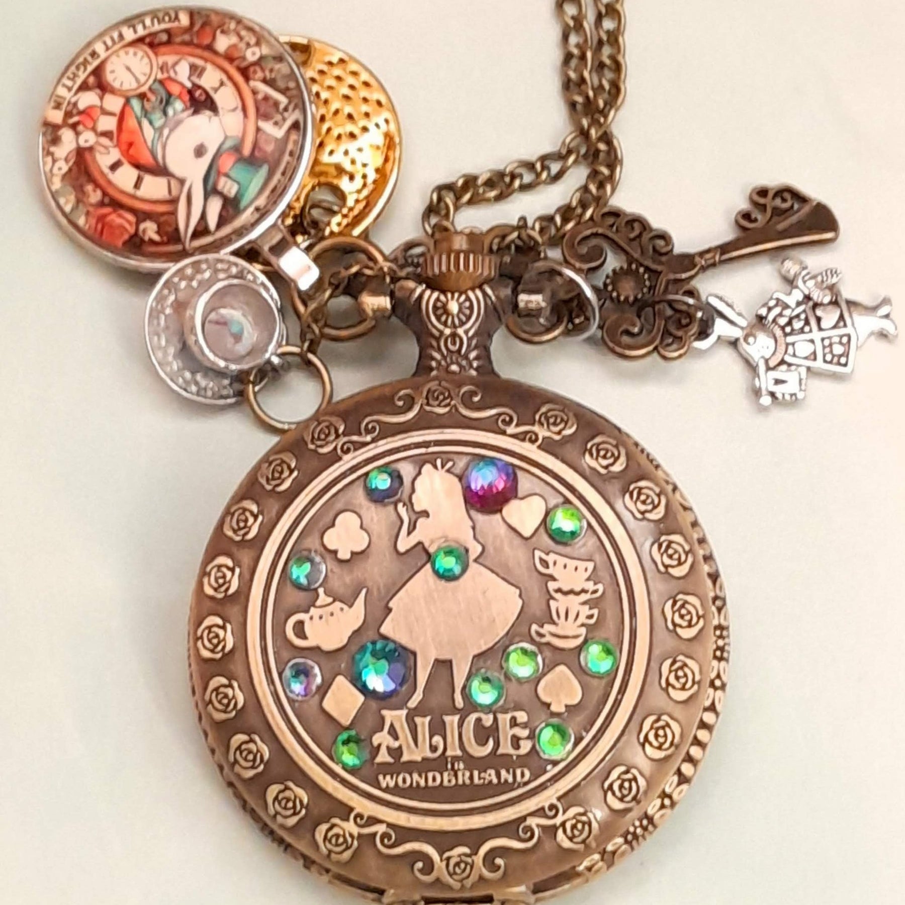 Alice in Wonderland pocket watch necklace with White Rabbit charm and multicolor Swarovski crystals antiqued brass Victorian style vintage style fantasy handmade jewelry