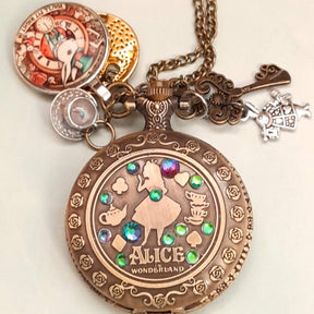 Alice in Wonderland pocket watch necklace with White Rabbit charm and multicolor Swarovski crystals antiqued brass Victorian style vintage style fantasy handmade jewelry