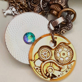 Alice in Wonderland pocket watch necklace with watch movement and back of charm with multicolor Swarovski crystals antiqued brass Victorian style vintage style fantasy handmade