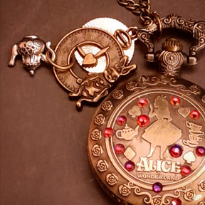 One of a kind magical Alice in Wonderland necklace with Victorian style charms and genuine Austrian crystals