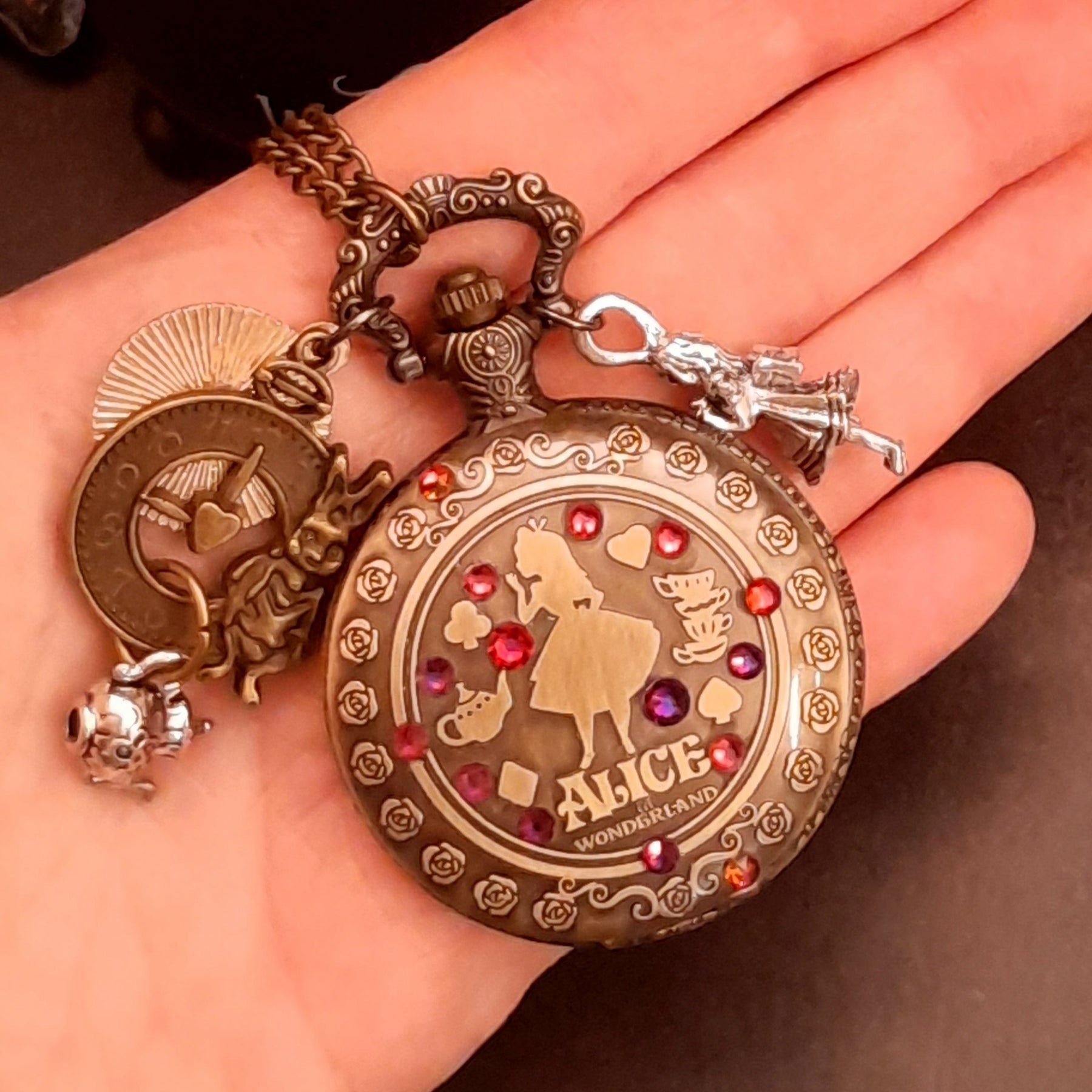 One of a kind magical Alice in Wonderland necklace with Victorian style charms and genuine Swarovski crystals