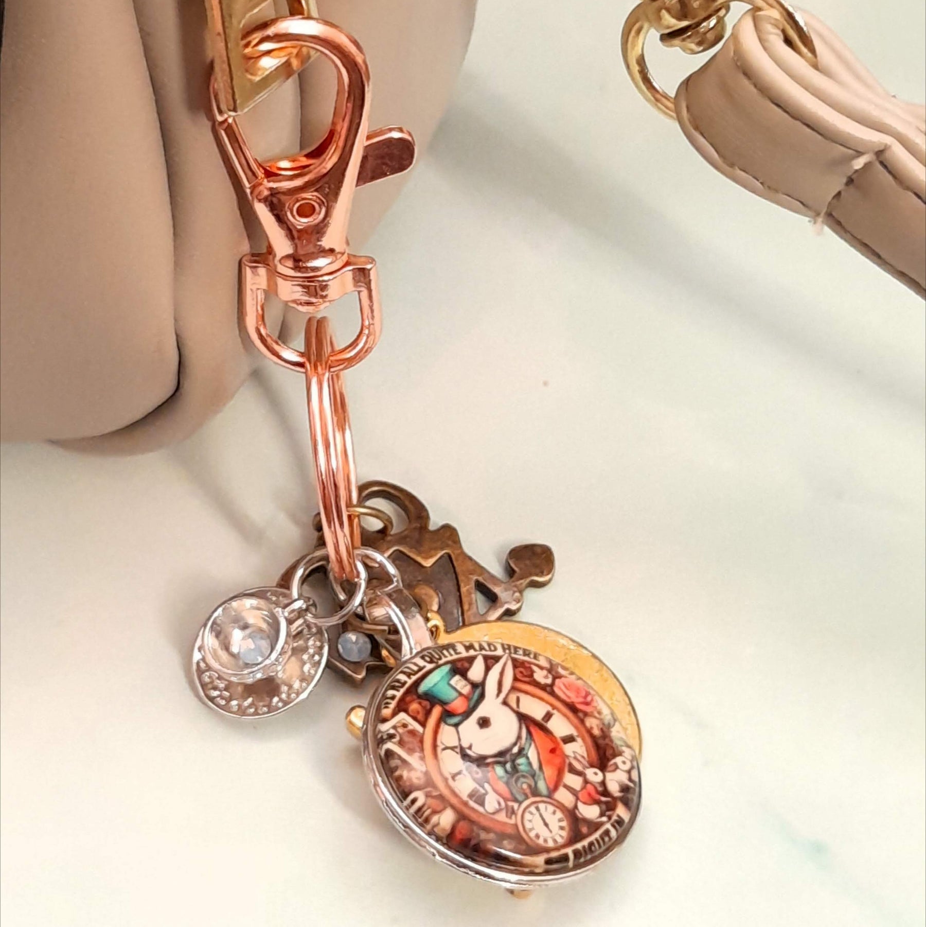 Handmade magical fantasy Alice in Wonderland purse charm dangling from bag with lobster clasp, White Rabbit clock medallion and Swarovski crystal charms, Victorian style vintage style