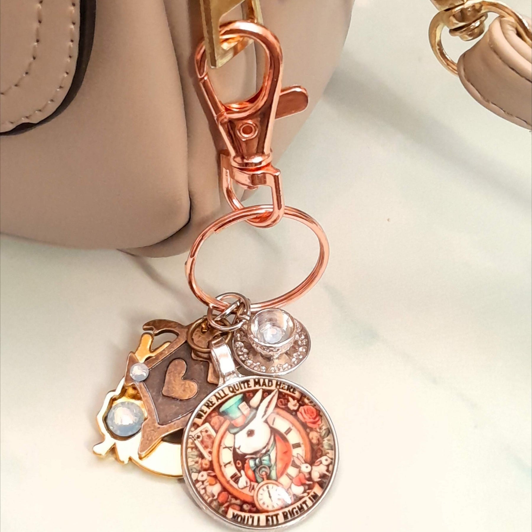 Handmade magical fantasy Alice in Wonderland purse charm with lobster clasp, White Rabbit clock medallion and Swarovski crystal teacup charm, Victorian style vintage style
