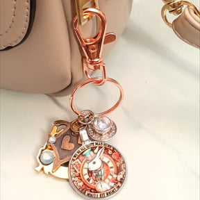 Handmade magical fantasy Alice in Wonderland purse charm with lobster clasp, White Rabbit clock medallion and Swarovski crystal teacup charm, Victorian style vintage style