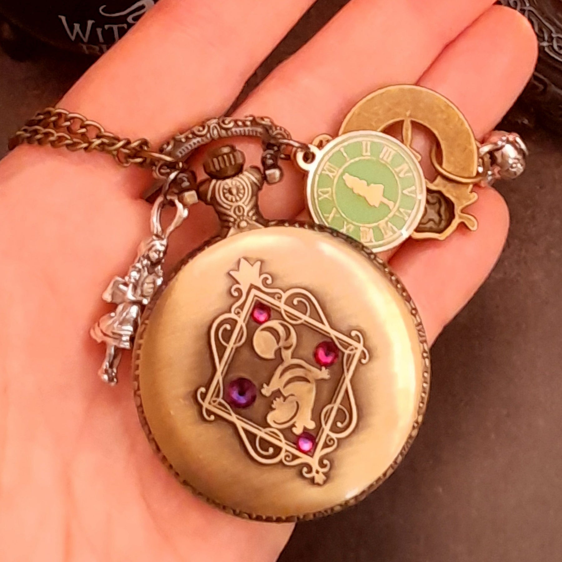 Alice in Wonderland back cheshire cat teapot charm necklace with world-renowned genuine Austrian Swarovski crystals