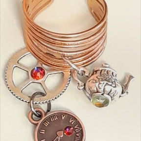 Magical fantasy Victorian style hand chain watch with Swarovski crystals worn on hand side view showing adjustable ring and chain detail