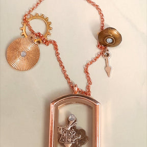 Magical fantasy openable rectangle locket pendant with White Rabbit and gear charms inside, Swarovski crystal accent, watch hand charm on chain, Victorian style vintage style