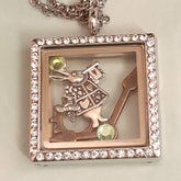 Handmade magical fantasy Alice in Wonderland square locket necklace   with Swarovski crystal border, White Rabbit and clock hand charms inside, green crystal accents, Victorian style vintage style

