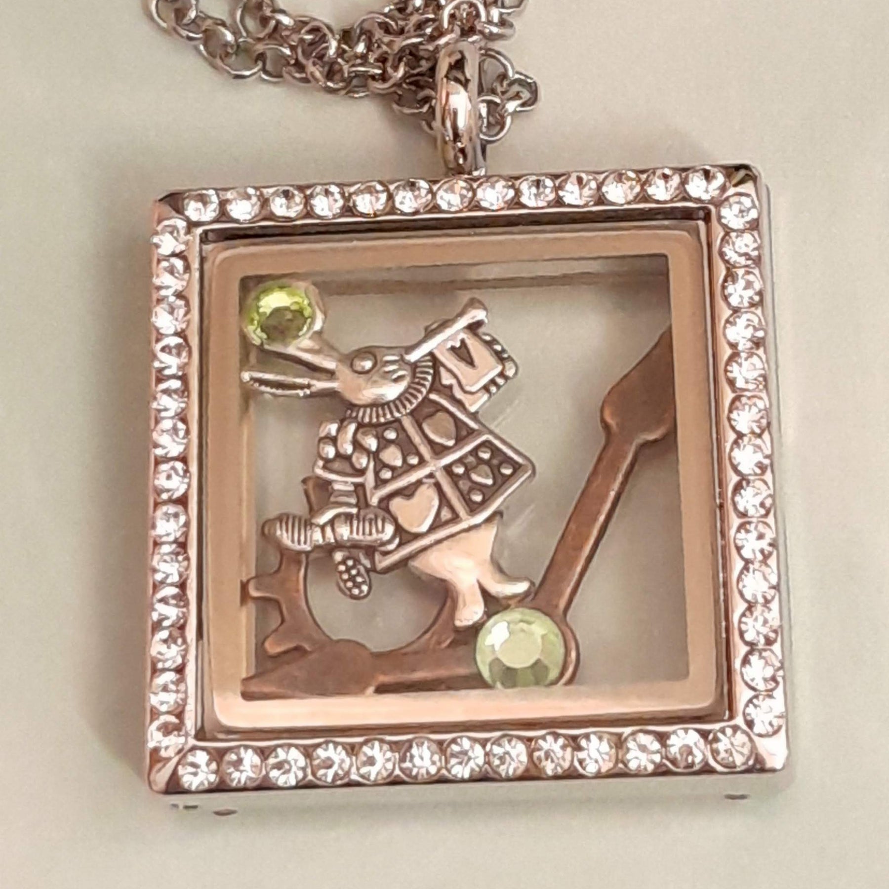 Handmade magical fantasy Alice in Wonderland square locket necklace   with Swarovski crystal border, White Rabbit and clock hand charms inside, green crystal accents, Victorian style vintage style

